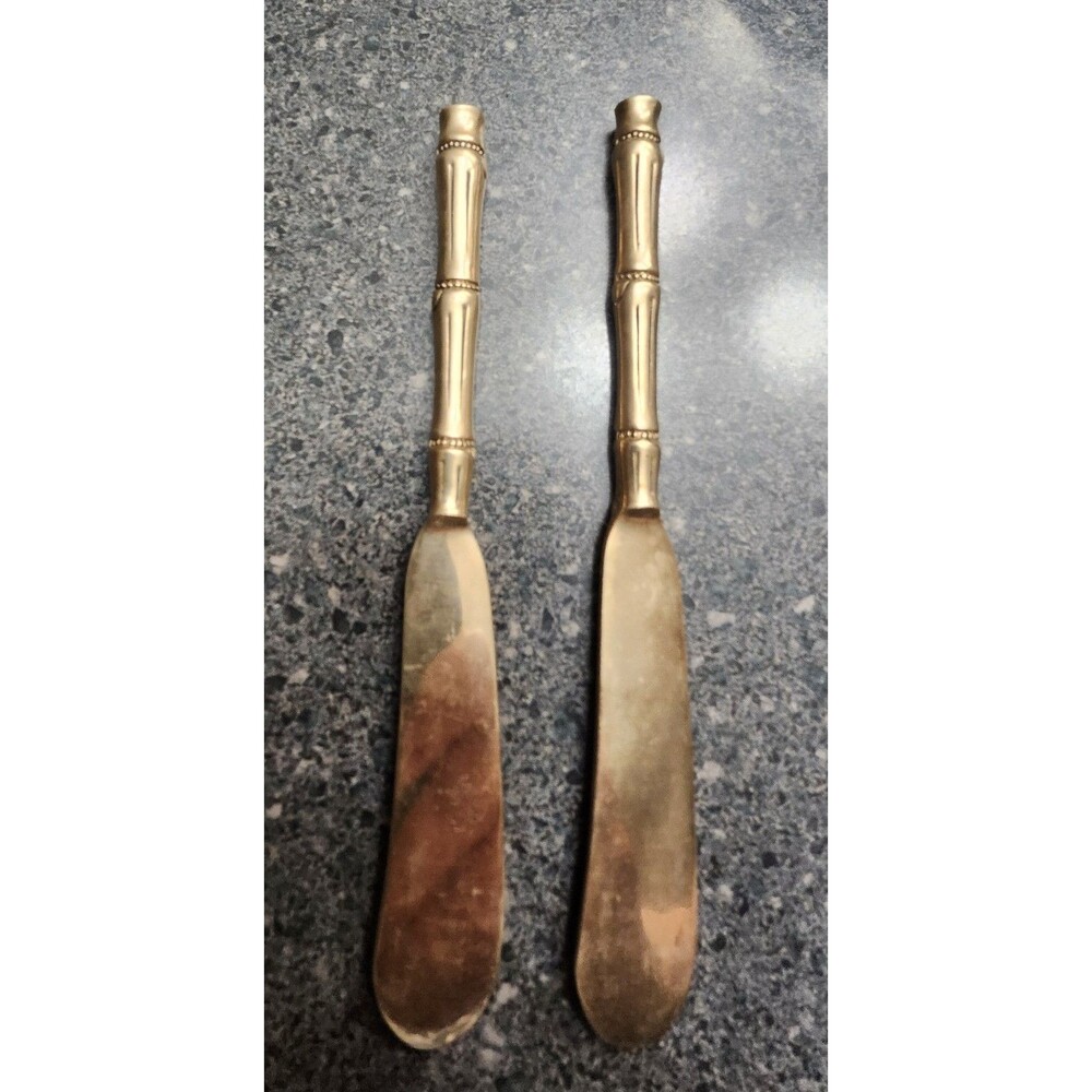 Thailand Brass Bamboo Handle Knives Set of 2 Gold